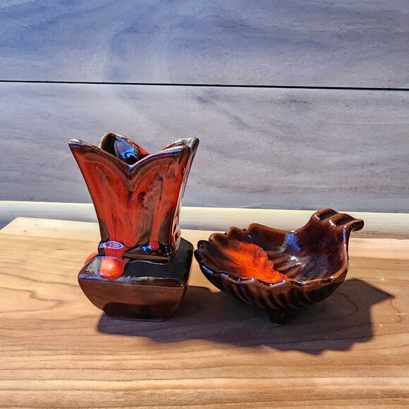 Vintage Canada Scallop-Shell Orange-Red Drip Pottery Ashtray-Catch All - Picture 3 of 4